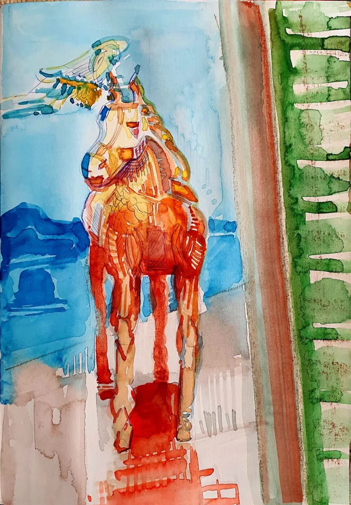 Eric Hubbes, Das chinesische Pferd, phantastische Wesen in Aquarell